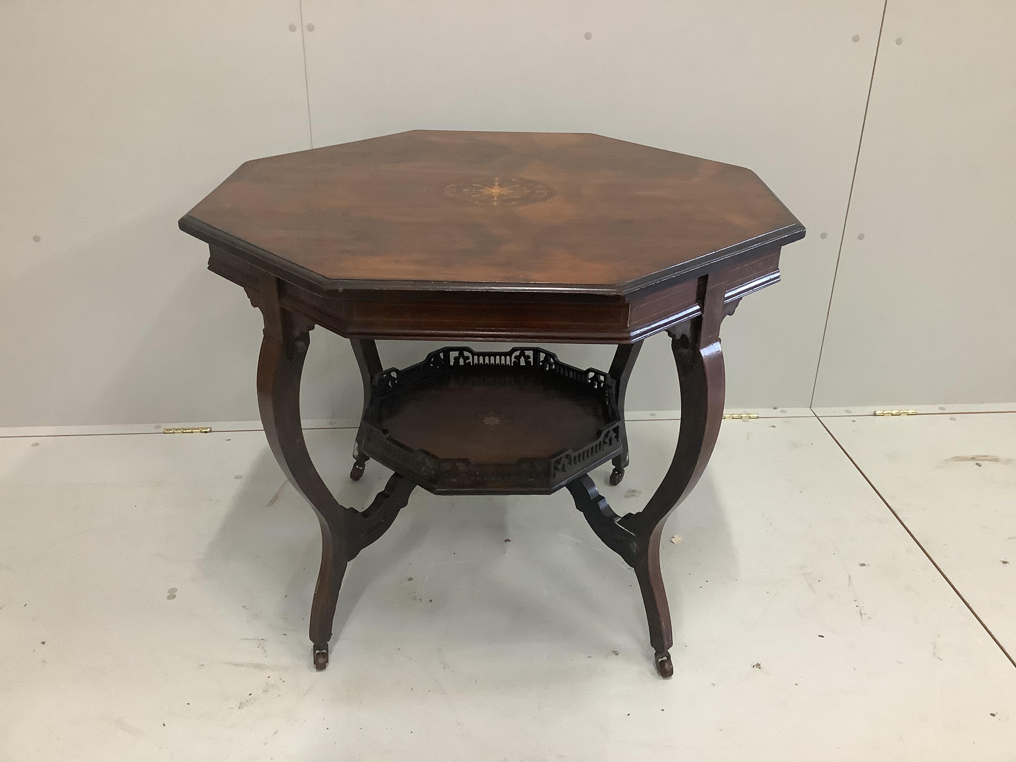 An Edwardian inlaid rosewood octagonal centre table, width 88cm, height 74cm